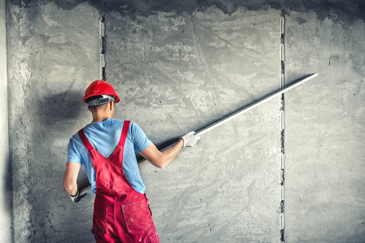Worker smoothing drywall with a level in Massachusetts